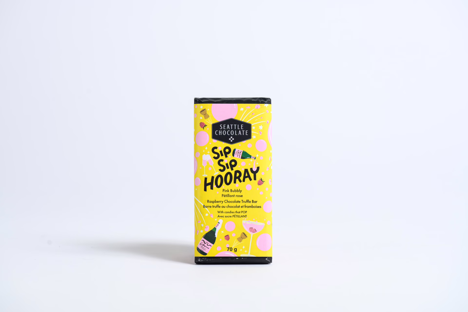 Yellow packaged chocolate with black borders on top and bottom with a white background.