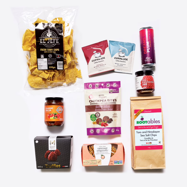 Local within BC snacks with different colored packaged placed on a plain, white backdrop