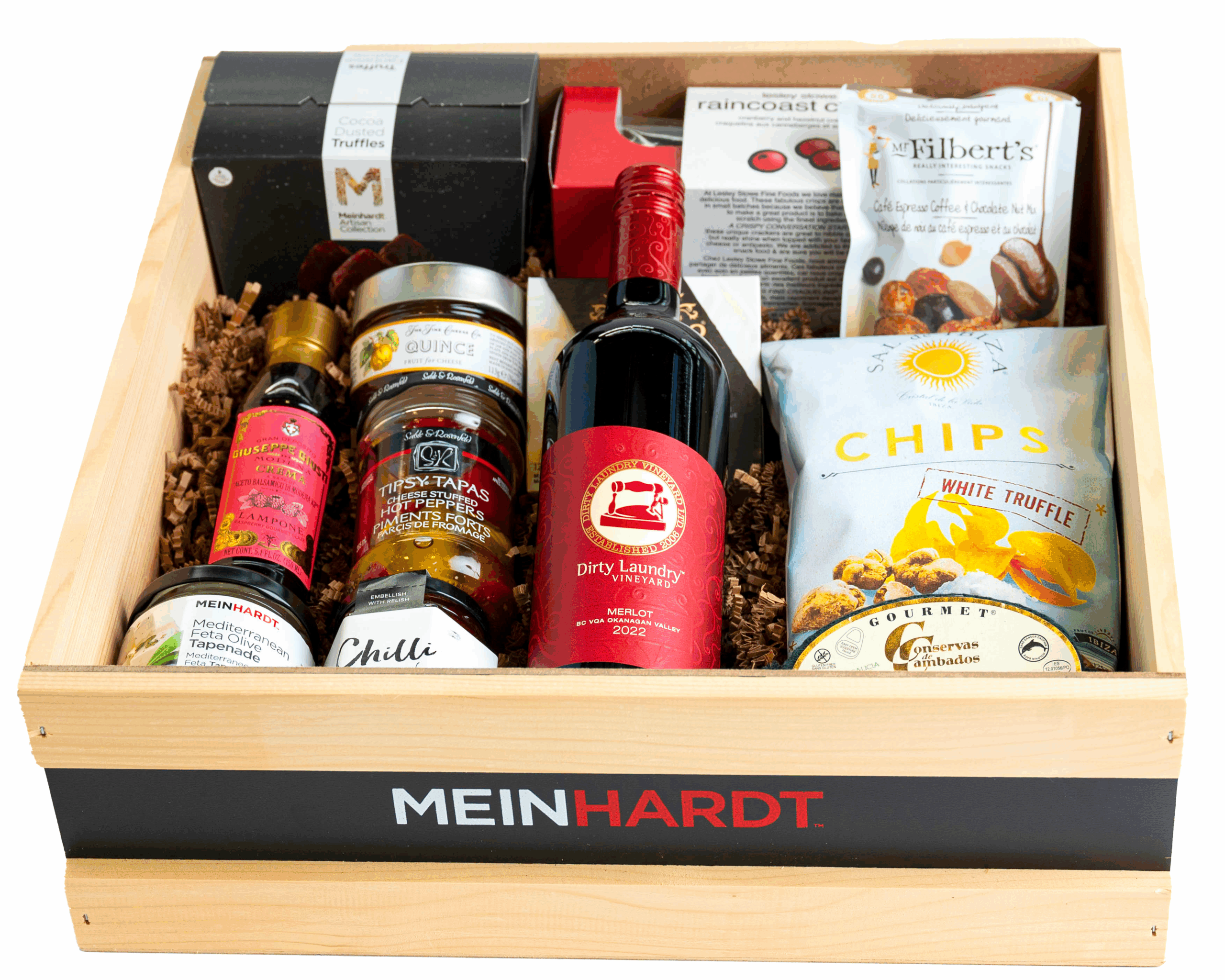 Wine-O_clock-red-1-wine Snacks and Treats packed in a wooden crate with one red wine in the front. The wooden crate is faded Beige color with a black strip and has Meinhardt written on it.