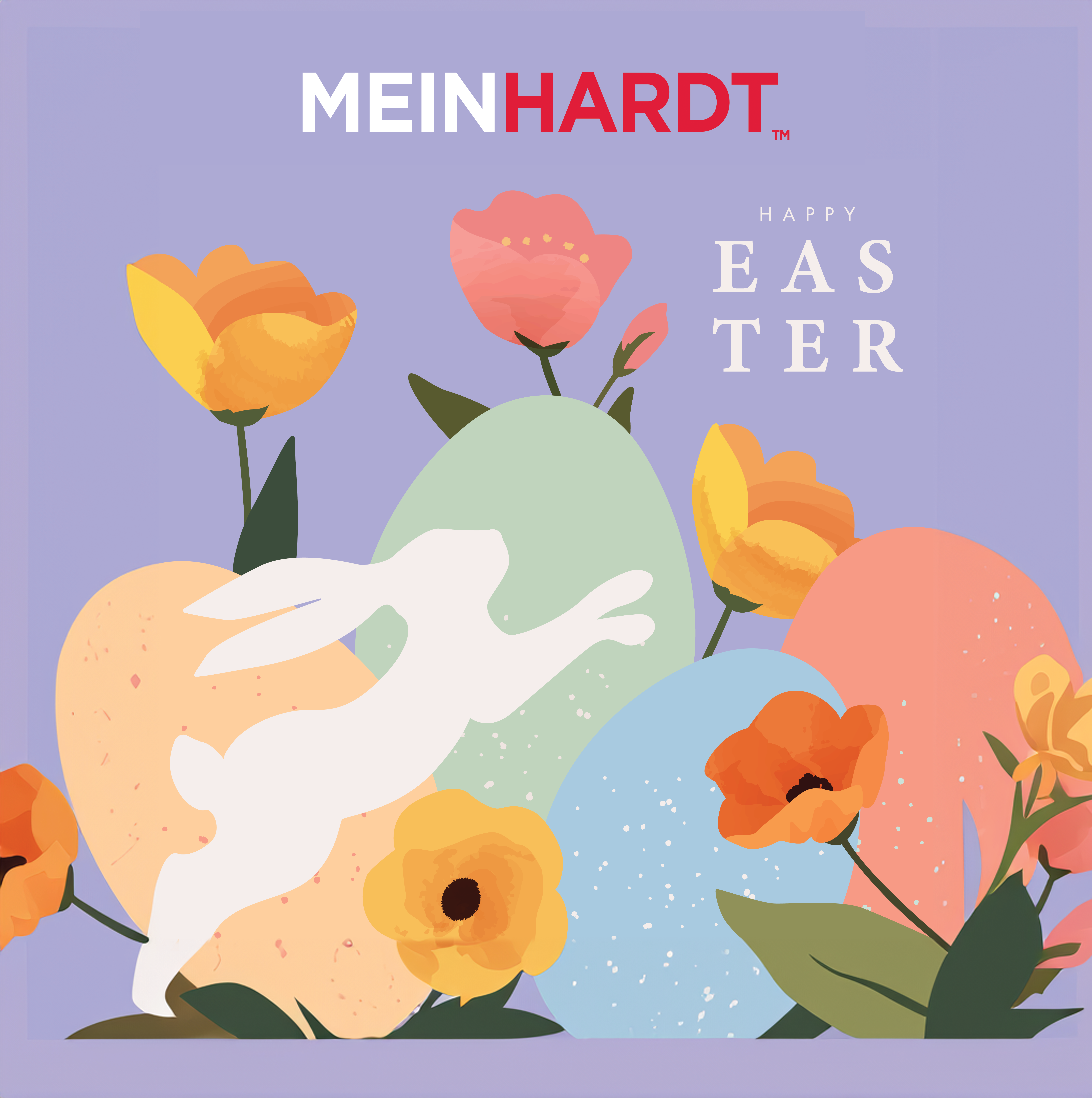 Happy Easter written in white on right, with 1 rabbit jumping from left corner. Decorative Flowers with spring colors. Meinhardt Logo at Top.