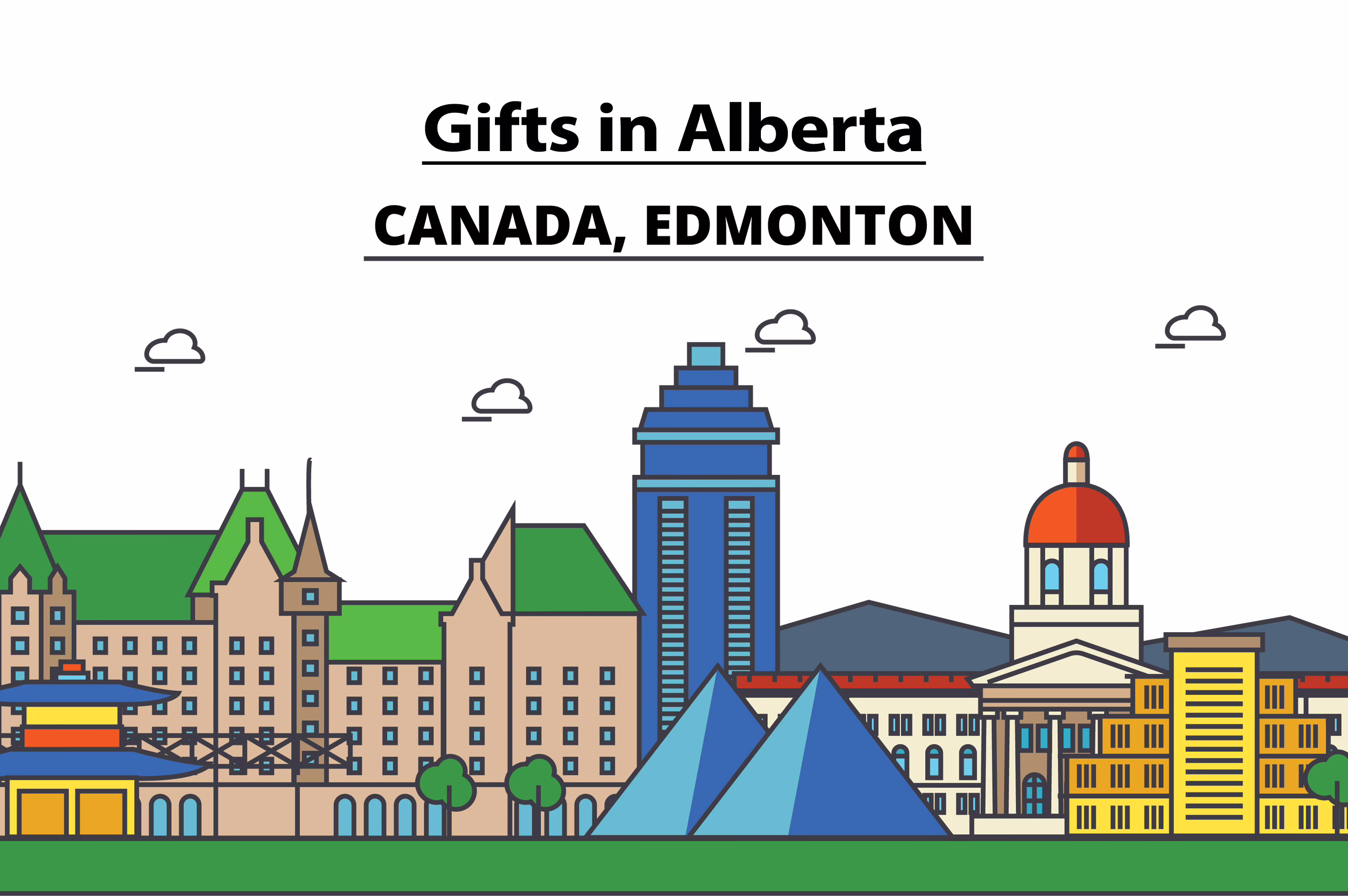 Gifts in Alberta, Canada, Edmonton. City skyline: architecture, buildings, streets, silhouette, landscape, panorama, landmarks. Flat design line vector illustration concept. Isolated icons set.