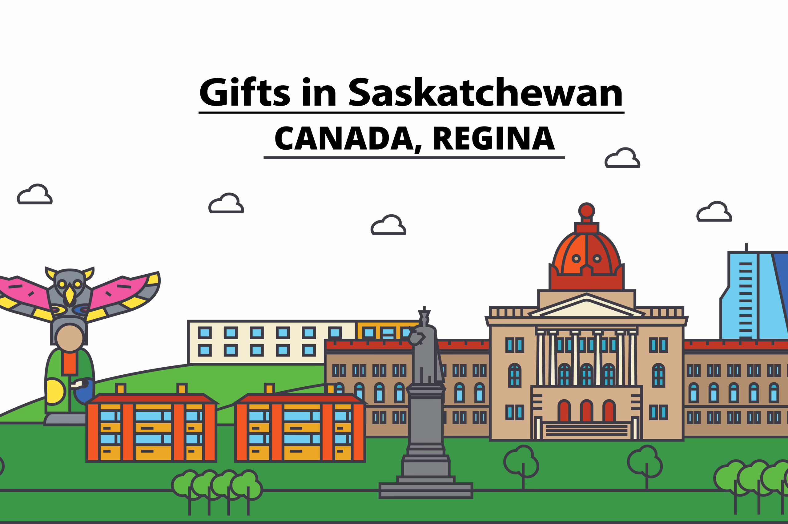 Canada, Regina. City skyline: architecture, buildings, streets, silhouette, landscape, panorama, landmarks. Flat design line vector illustration concept. Isolated icons set