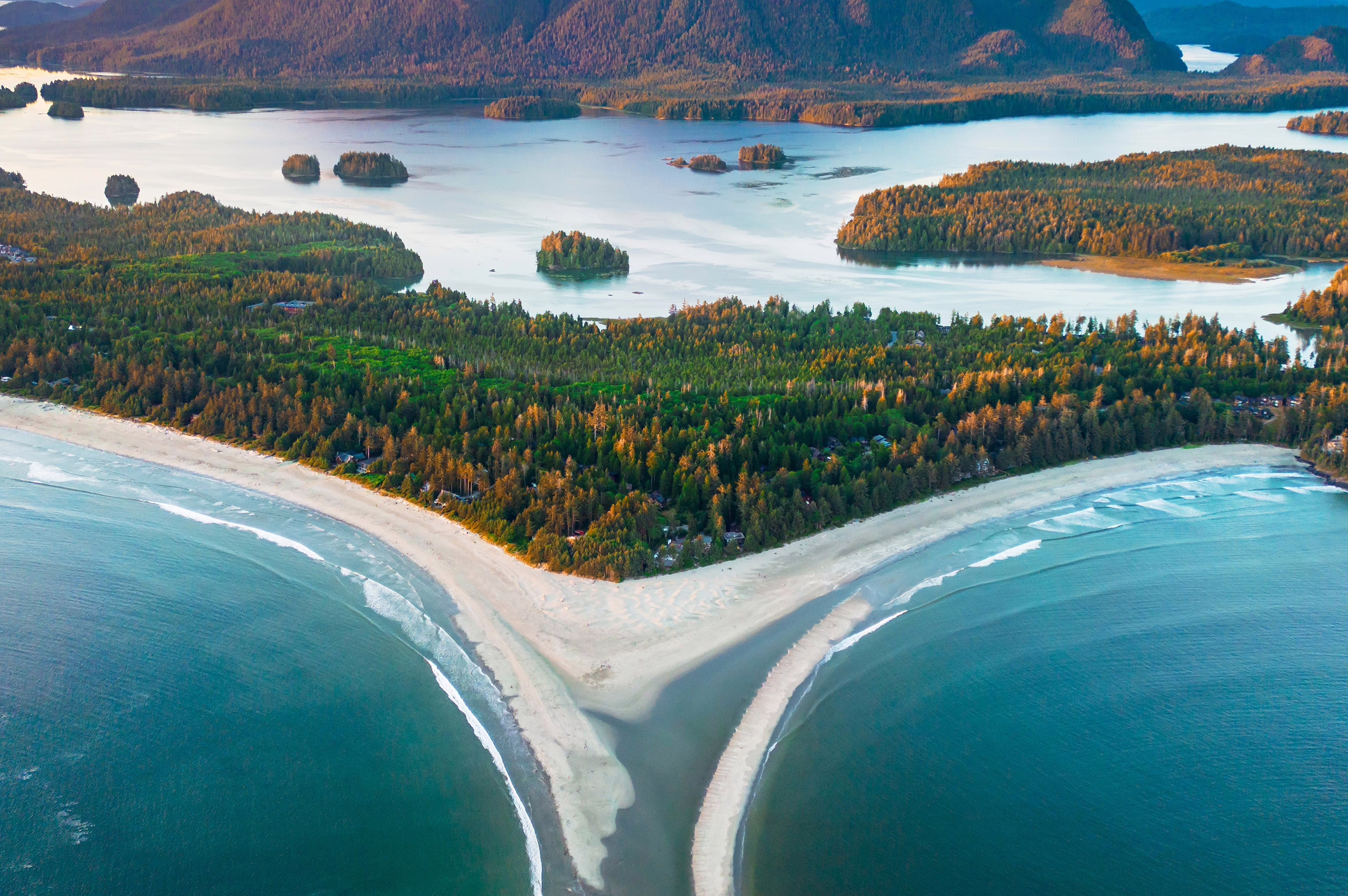 The West Coast of Vancouver Island, British Columbia, Canada near Tofino. Aerial Beautiful sand beach, turquoise ocean, green rainforest with mountains in the background. Sunset in Pacific North West.