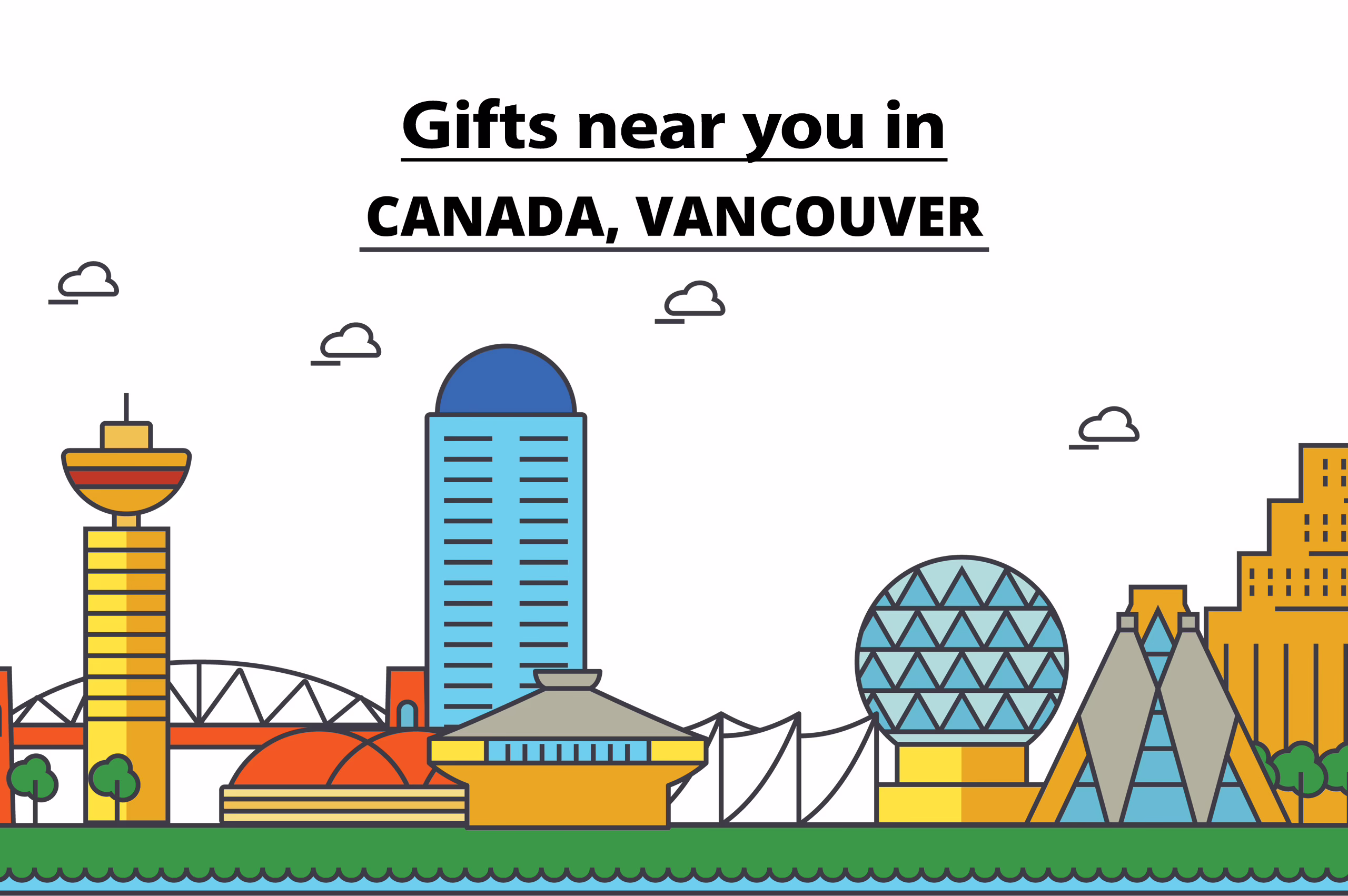 Gifts near you in Canada, Vancouver. City skyline: architecture, buildings, streets, silhouette, landscape, panorama, landmarks. Flat design line vector illustration concept. Isolated icons set.