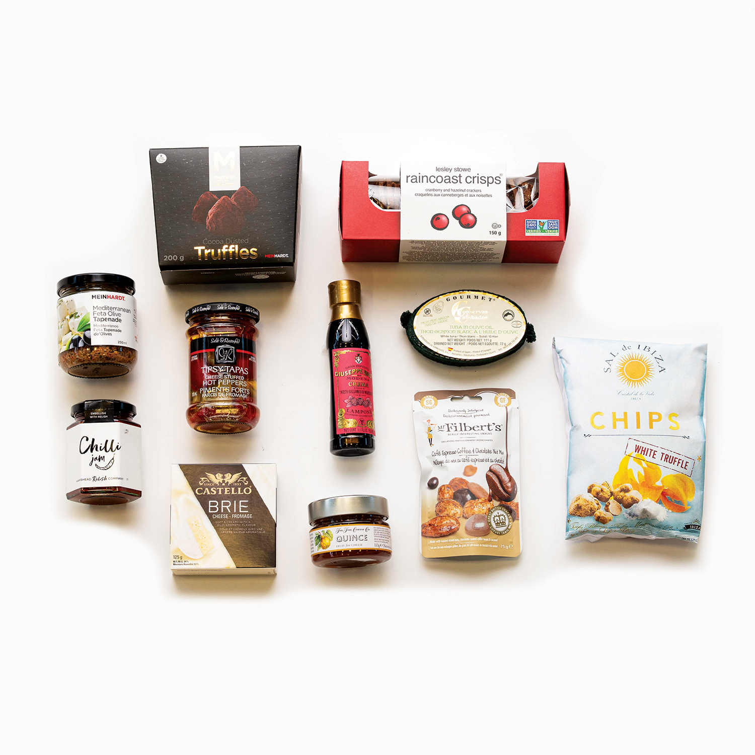 WineOClockContents_Christmas Wine O Clock Gift Basket products laid out on a white space